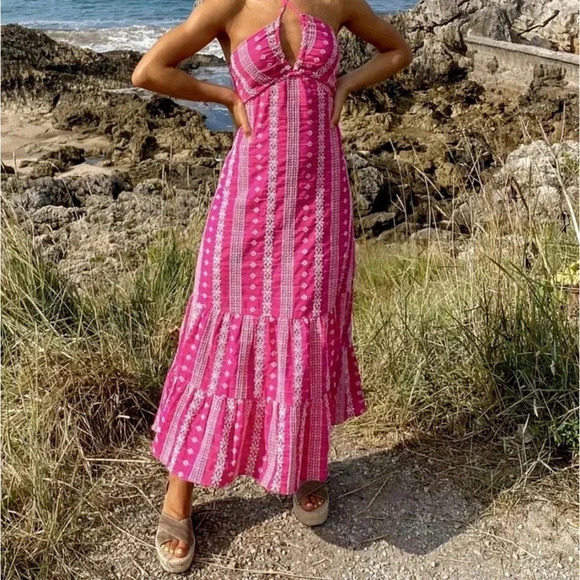 Zara Dresses & Skirts - ZARA maxi dress embroidered Barbie pink halter CUTWORK OPEN BACK MIDI SUMMER